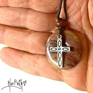 Sterling Southwest Cross on Jasper Pendant - NWOT - Adjustable Cord